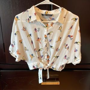 Zara collared cropped shirt with bird design